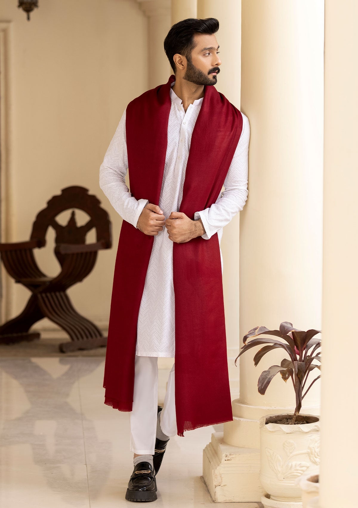 Men Shawls - Pure Pashmina Shawl - D#233 - Maroon