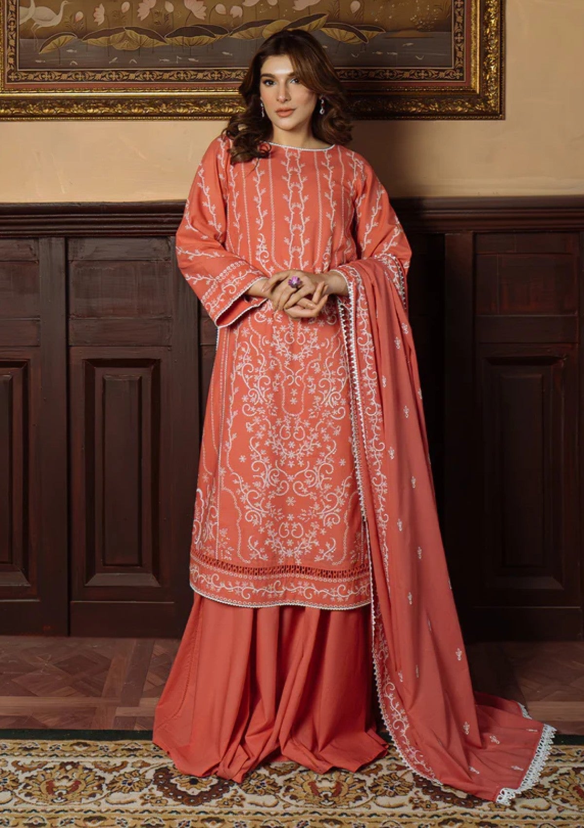 Lawn - Sahar - Festive Chikankari - CK-25-V1-02 - Gilded Coral