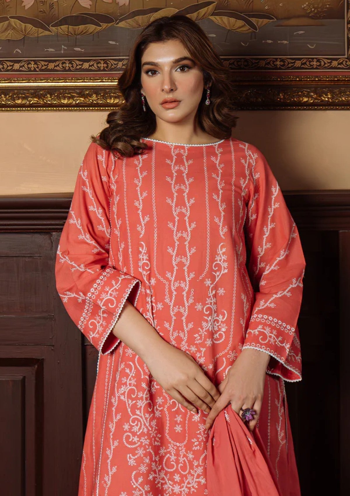 Lawn - Sahar - Festive Chikankari - CK-25-V1-02 - Gilded Coral