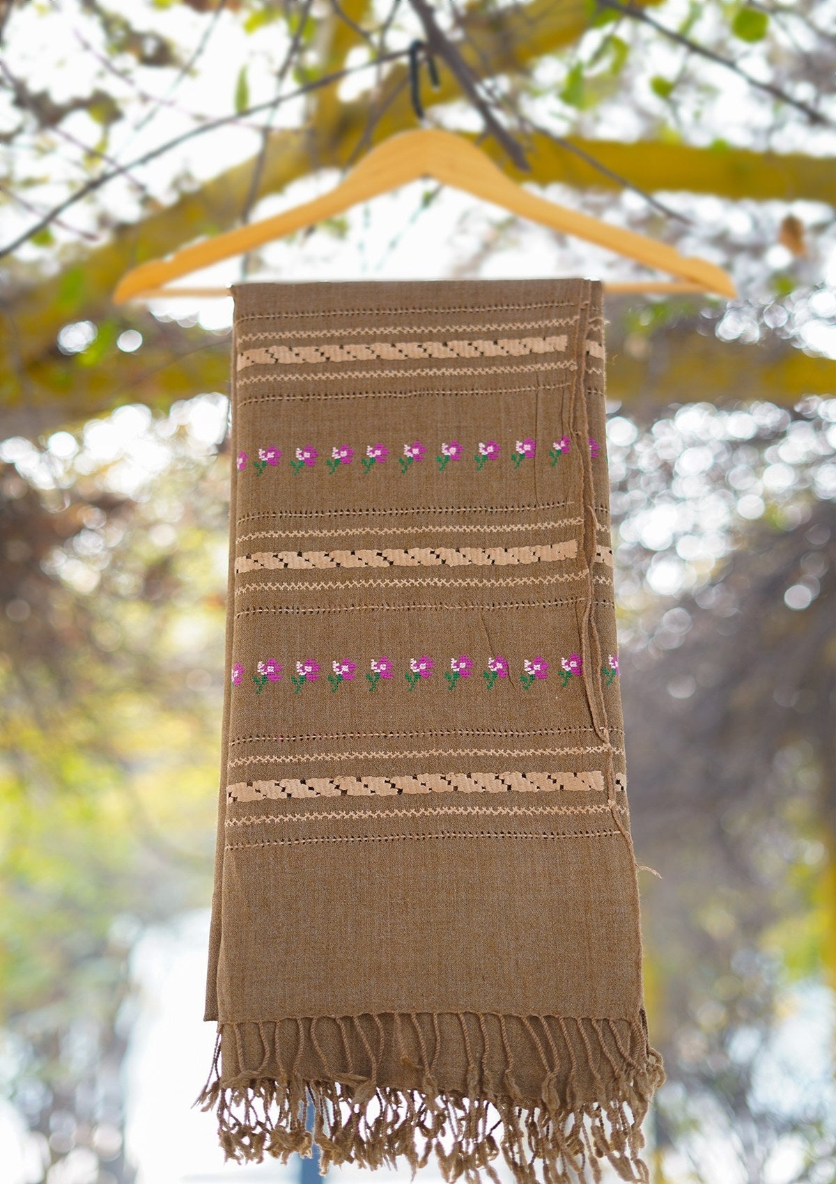 Wool Needle Work Shawl D - 35 - Brown