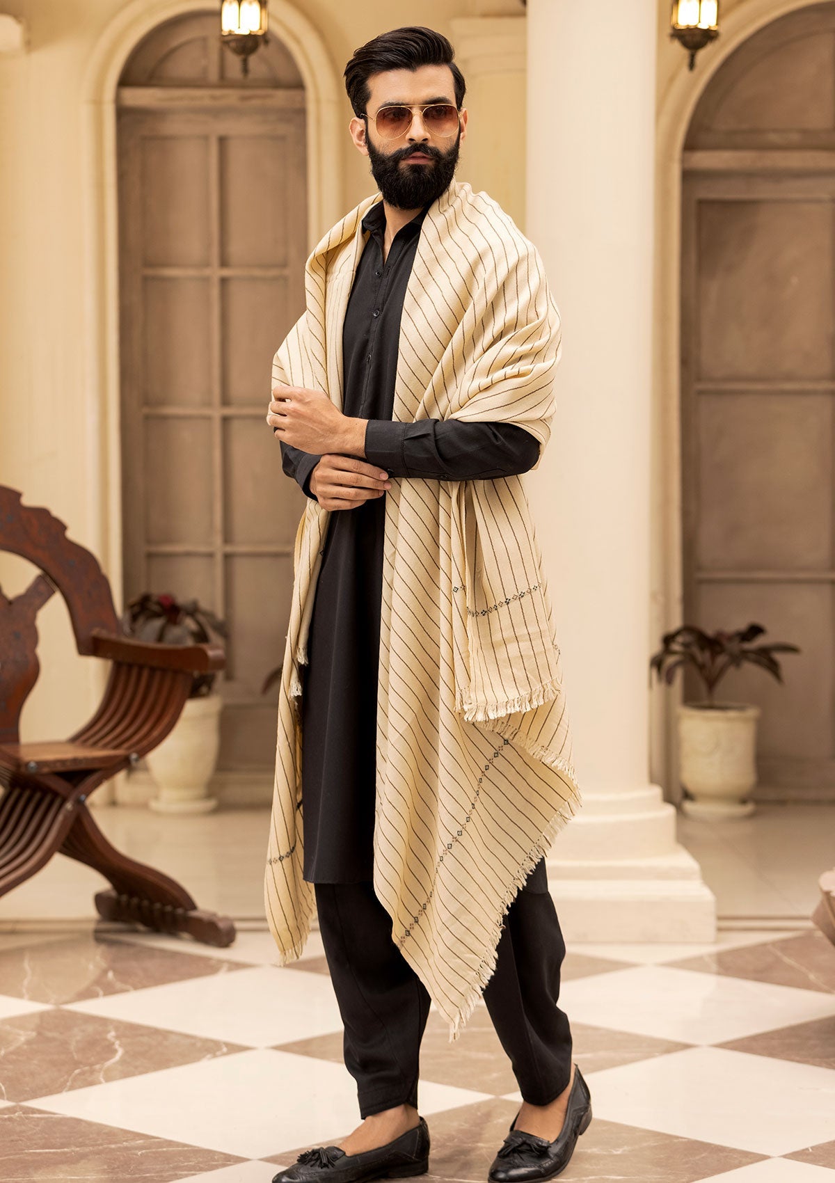 Men Shawls - Wool Shawls - D#232 - Cream