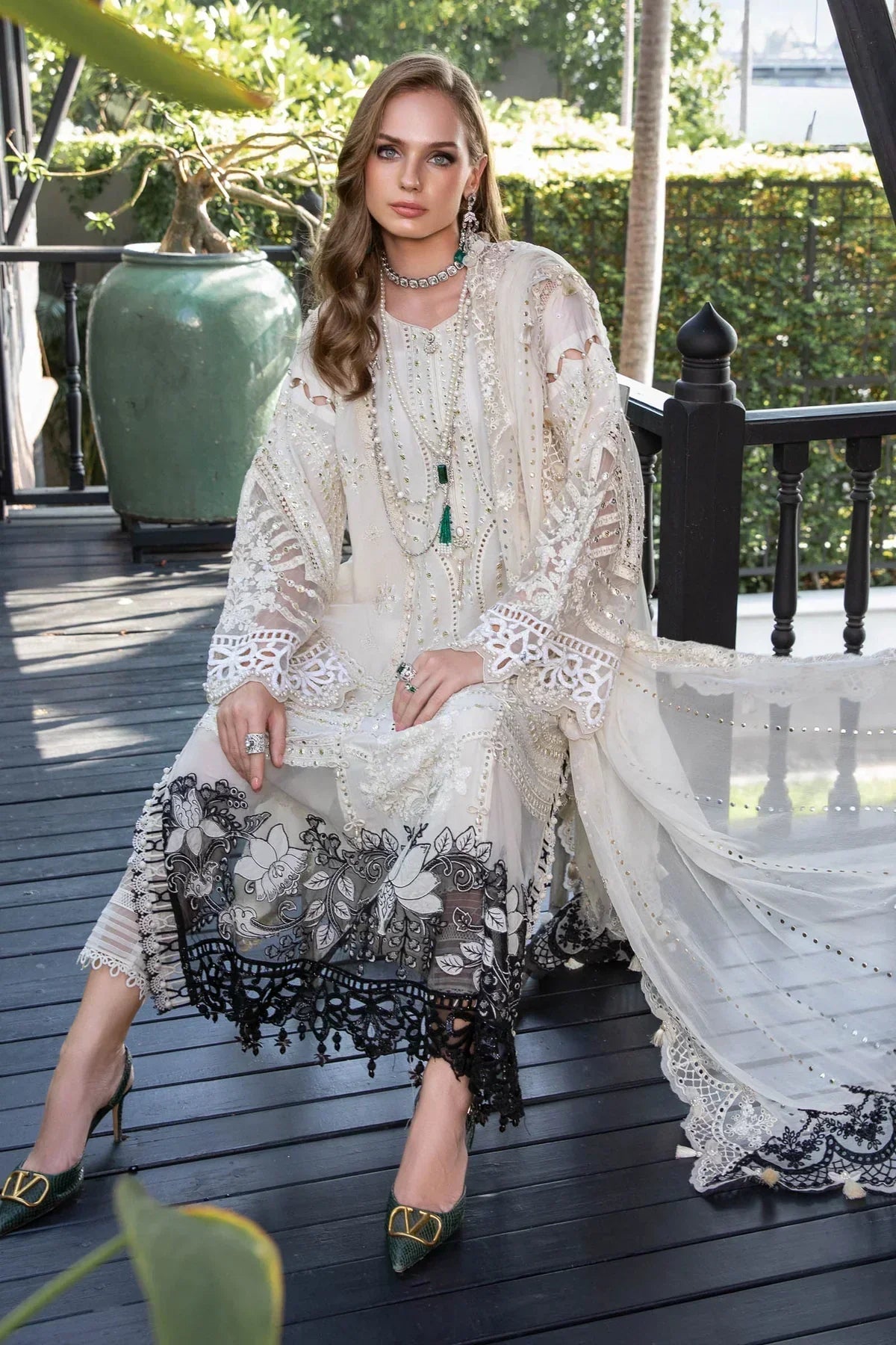 Maria B | Luxury Lawn | EL-23-02-Off White -  Maria B Luxury -  Agha Fabrics