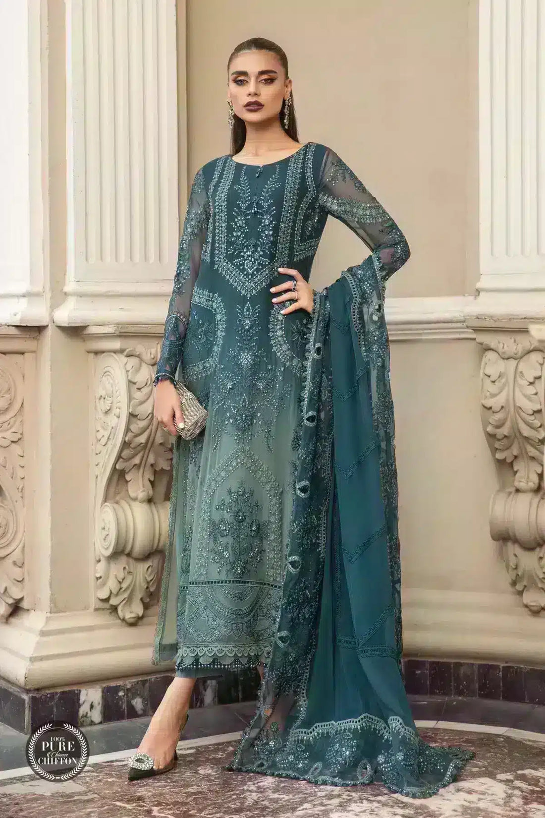 Maria B | Luxury Chiffon Collection | Teal Blue -  Maria B Formal -  Agha Fabrics