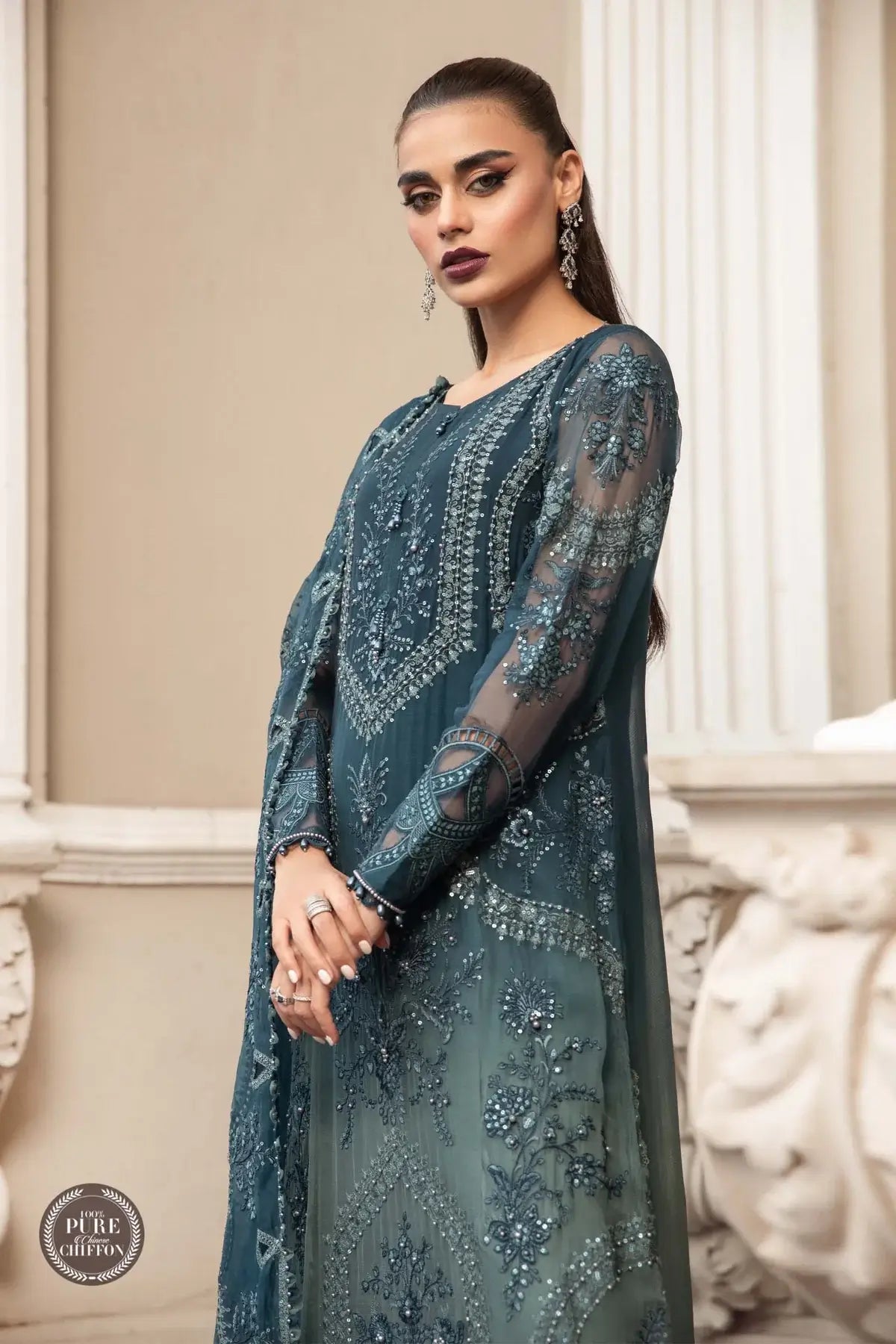 Maria B | Luxury Chiffon Collection | Teal Blue -  Maria B Formal -  Agha Fabrics