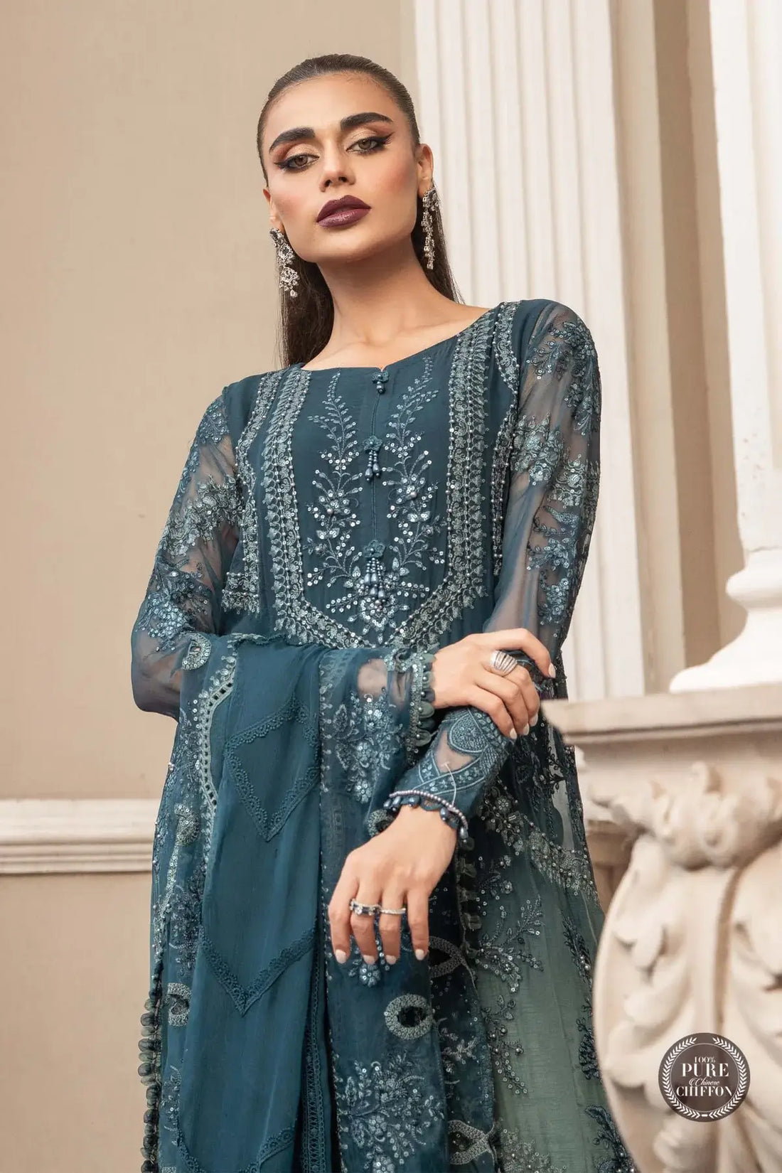 Maria B | Luxury Chiffon Collection | Teal Blue -  Maria B Formal -  Agha Fabrics