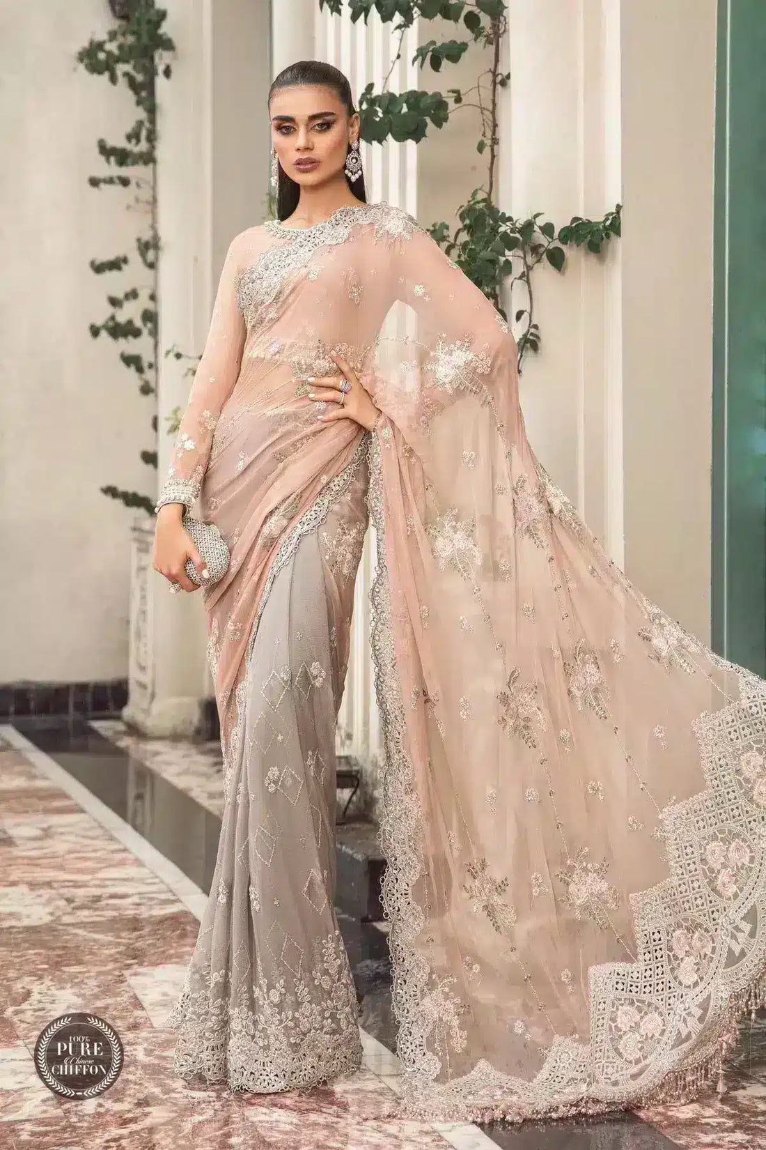 Maria B | Luxury Chiffon Collection | Peach And Grey -  Maria B Formal -  Agha Fabrics