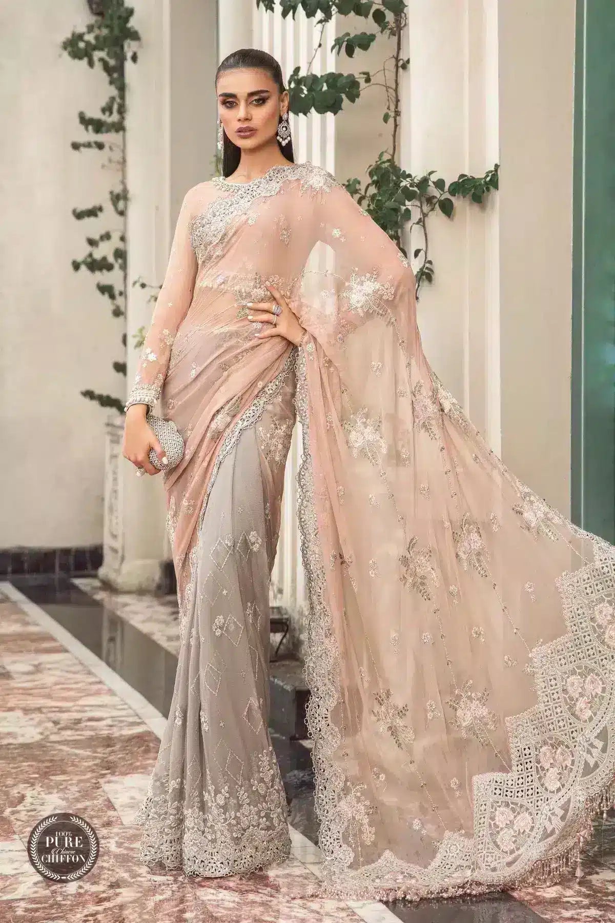 Maria B | Luxury Chiffon Collection | Peach And Grey -  Maria B Formal -  Agha Fabrics