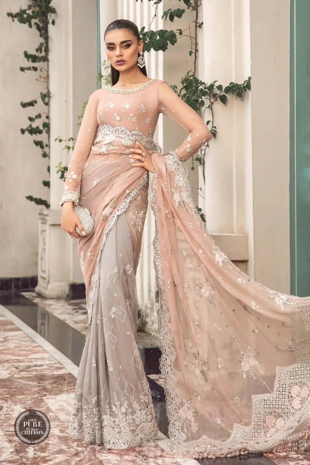 Maria B | Luxury Chiffon Collection | Peach And Grey -  Maria B Formal -  Agha Fabrics