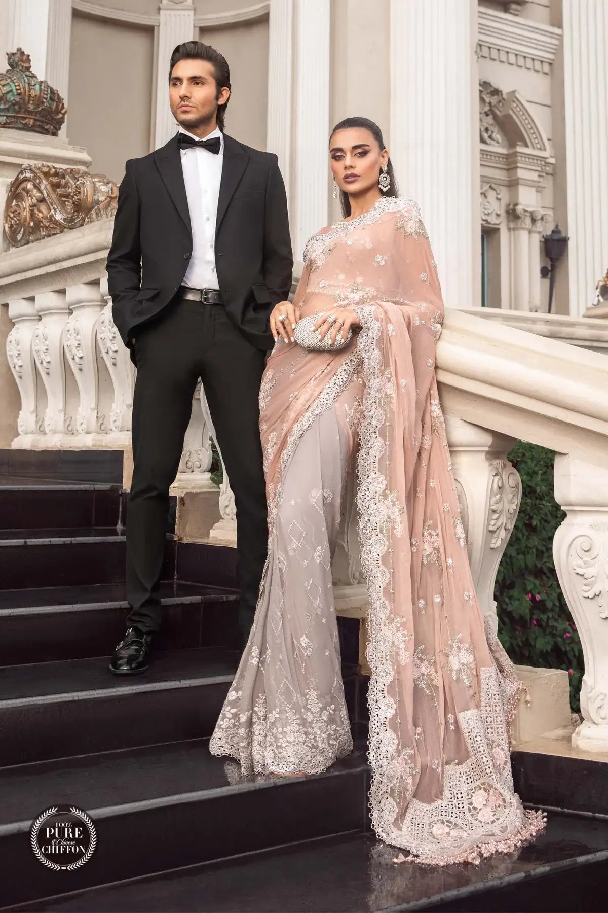 Maria B | Luxury Chiffon Collection | Peach And Grey -  Maria B Formal -  Agha Fabrics
