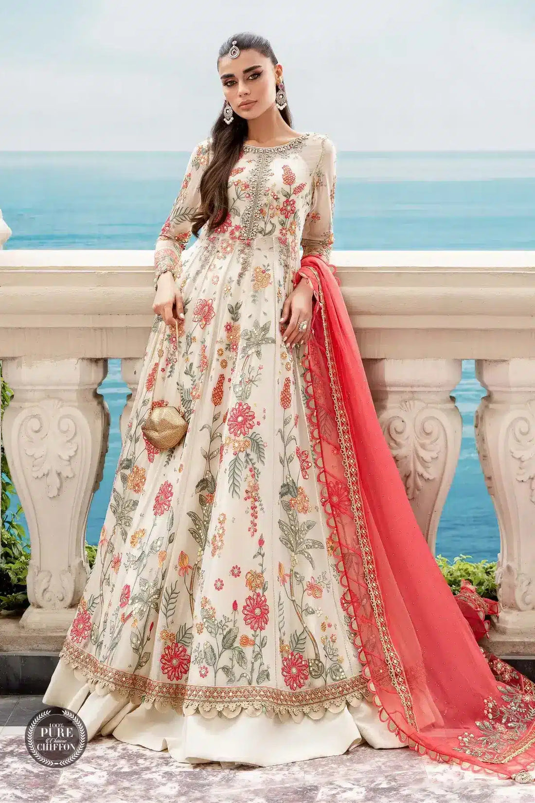 Maria B | Luxury Chiffon Collection | Cloud White Floral -  Maria B Formal -  Agha Fabrics