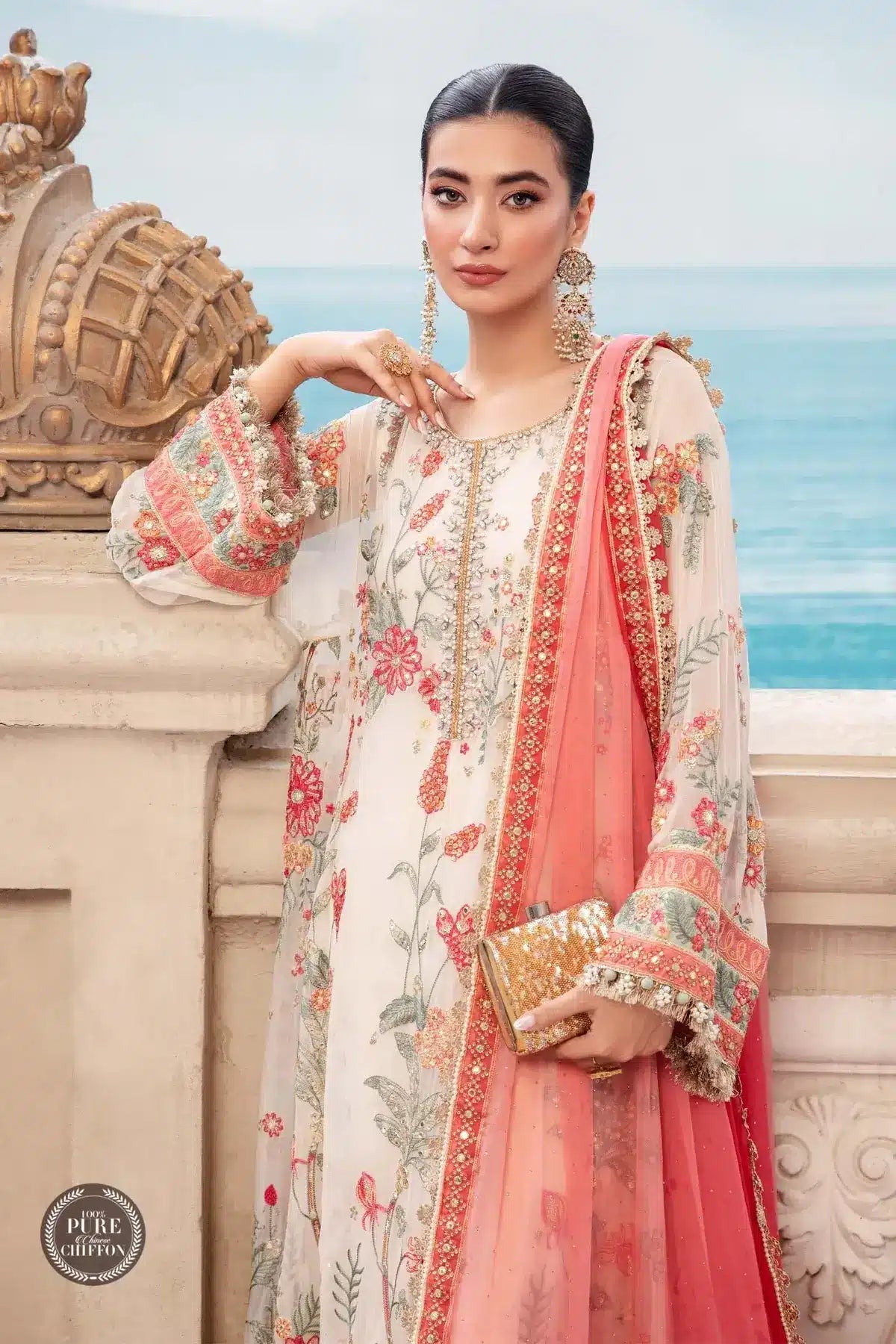 Maria B | Luxury Chiffon Collection | Cloud White Floral -  Maria B Formal -  Agha Fabrics