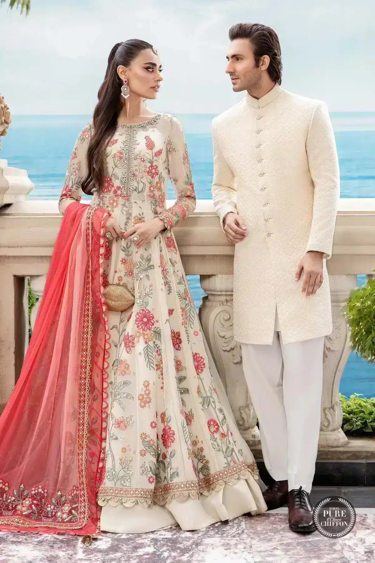 Maria B | Luxury Chiffon Collection | Cloud White Floral -  Maria B Formal -  Agha Fabrics