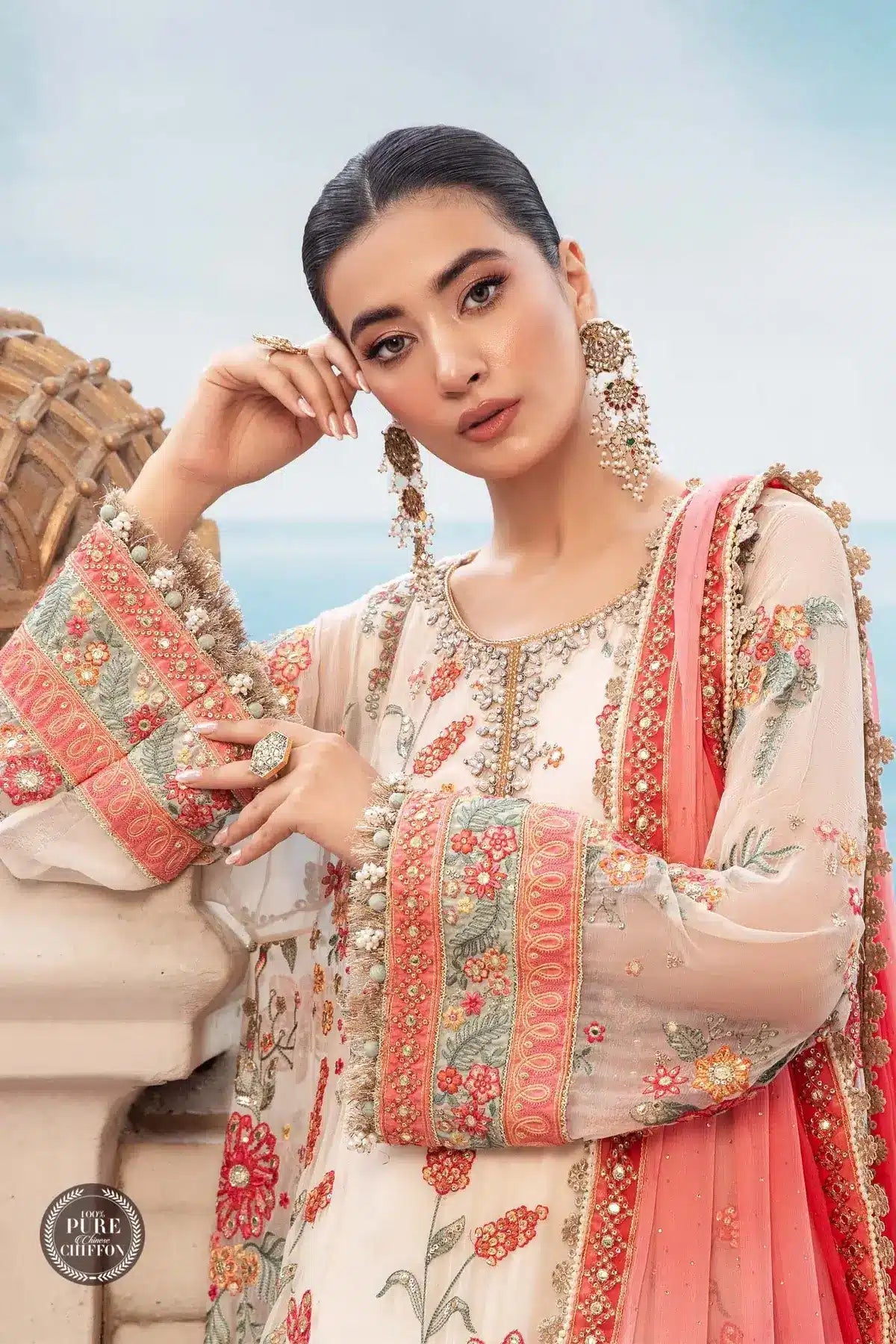 Maria B | Luxury Chiffon Collection | Cloud White Floral -  Maria B Formal -  Agha Fabrics