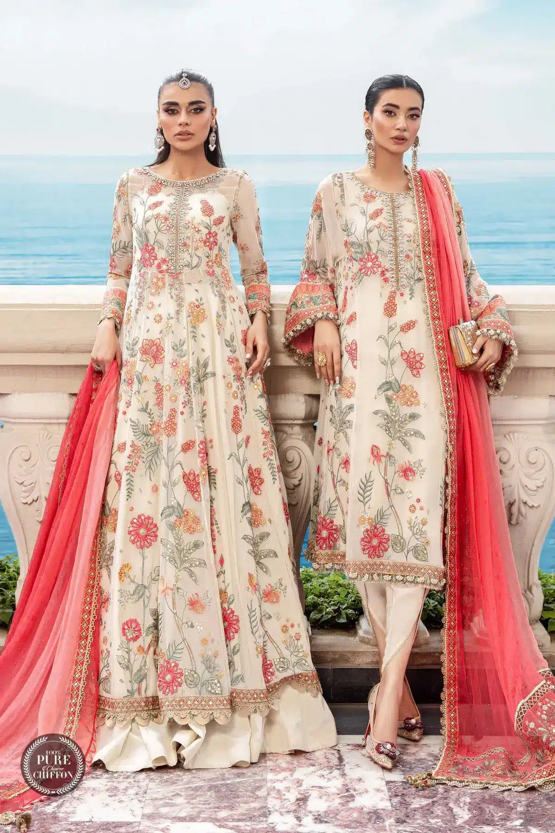 Maria B | Luxury Chiffon Collection | Cloud White Floral -  Maria B Formal -  Agha Fabrics