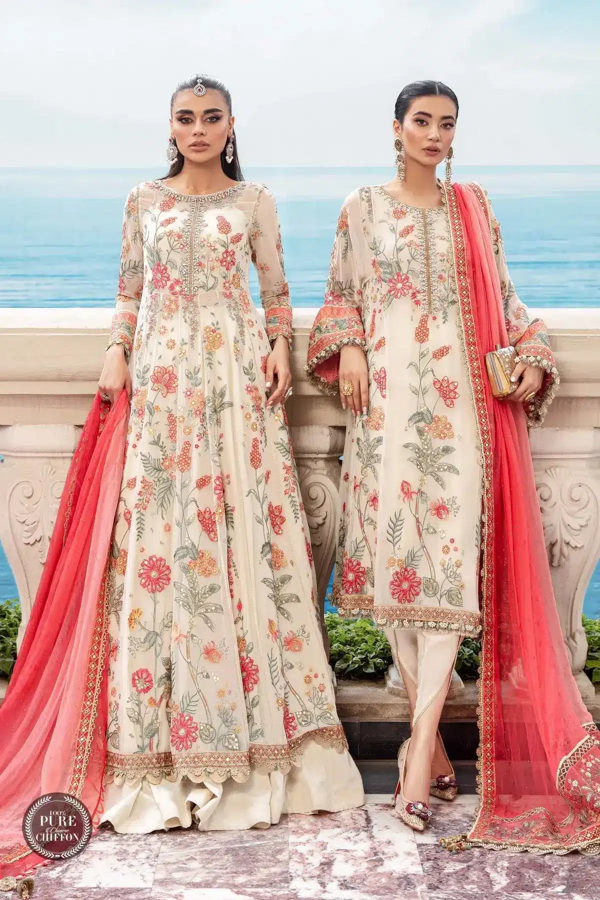Maria B | Luxury Chiffon Collection | Cloud White Floral -  Maria B Formal -  Agha Fabrics