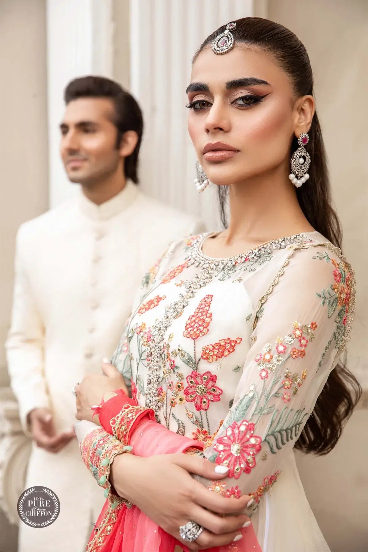 Maria B | Luxury Chiffon Collection | Cloud White Floral -  Maria B Formal -  Agha Fabrics