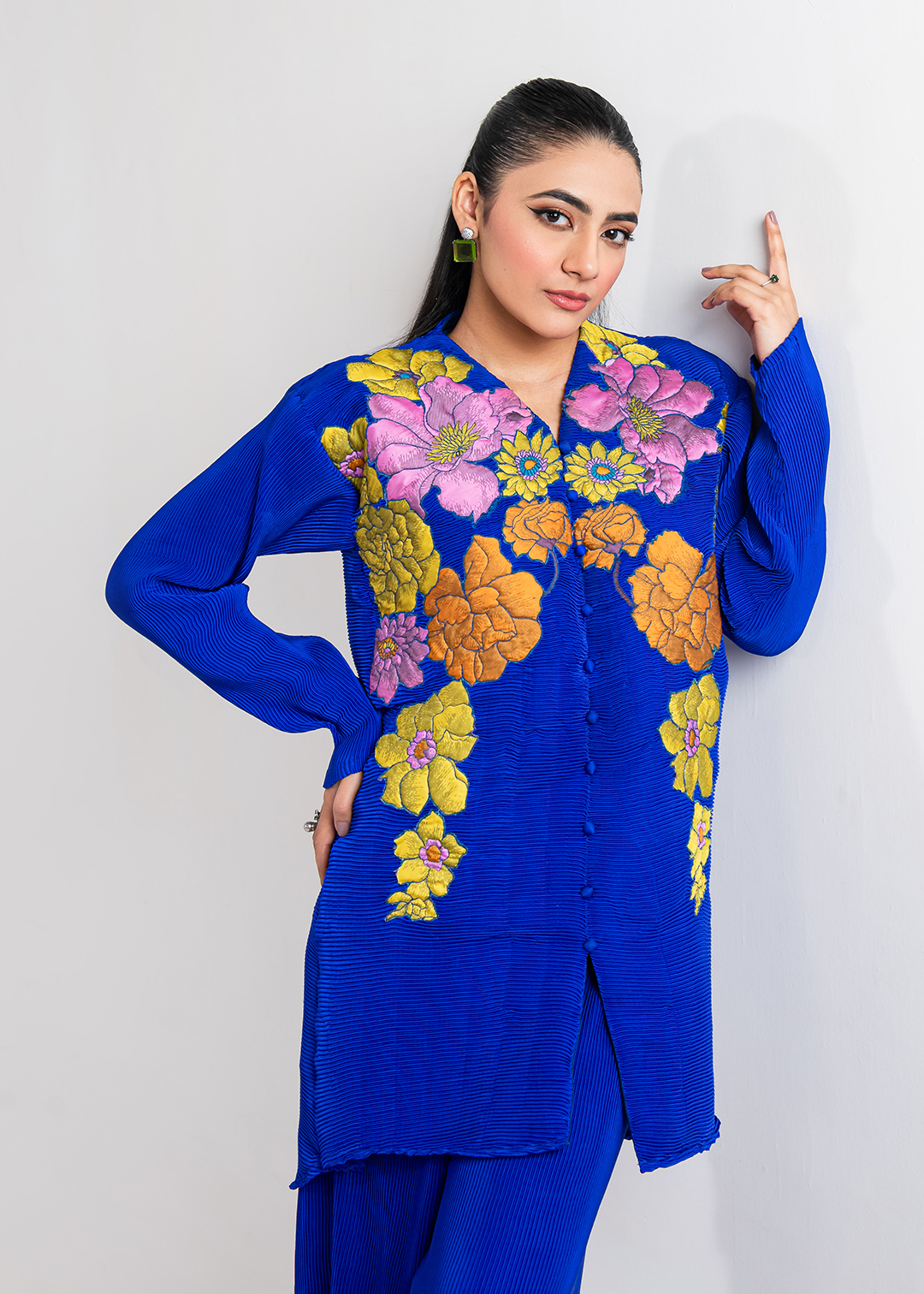 Maria Osama Khan | Claire Pleated Silk | Azure -  Maria Osama Khan Formal -  Agha Fabrics