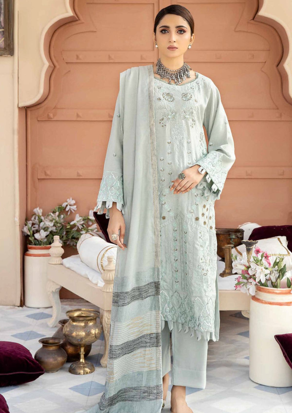Winter Collection - Tehzeeb - Peach Leather - Velvet Jacquard Shawl - TL#59