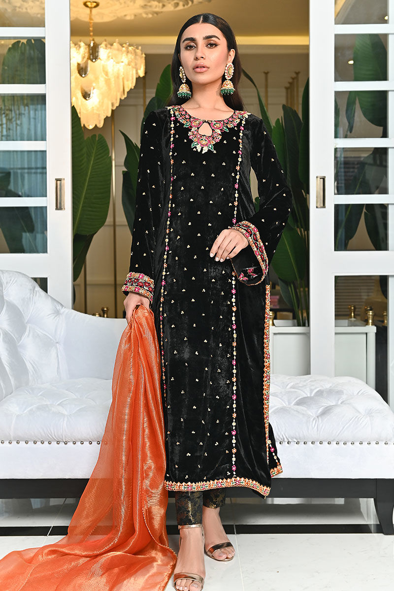 Ansab Jahangir | Bow Velvet Edit | BLACK MIST - Official Ansab Jahangir - Agha Fabrics UK