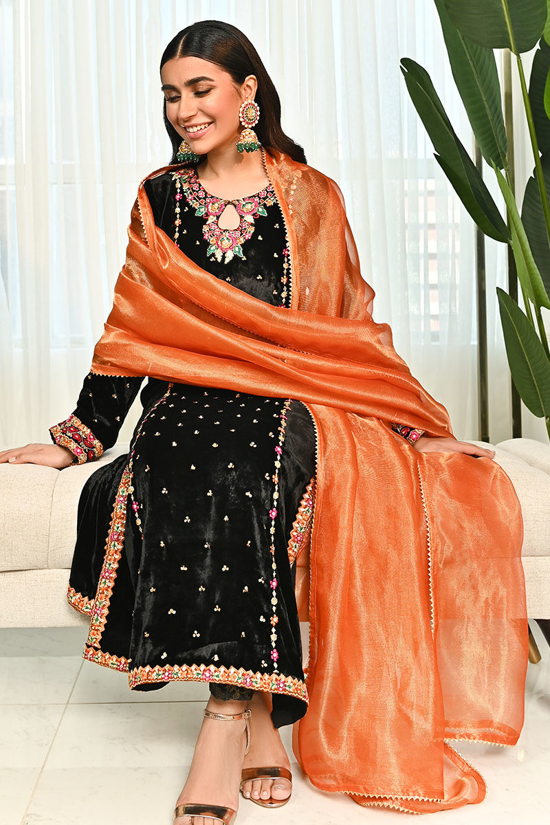 Ansab Jahangir | Bow Velvet Edit | BLACK MIST - Official Ansab Jahangir - Agha Fabrics UK