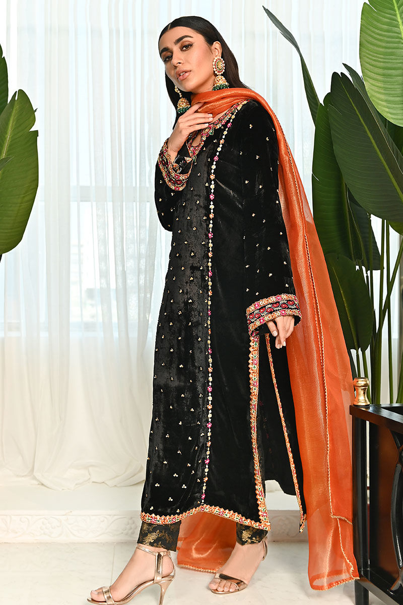 Ansab Jahangir | Bow Velvet Edit | BLACK MIST - Official Ansab Jahangir - Agha Fabrics UK
