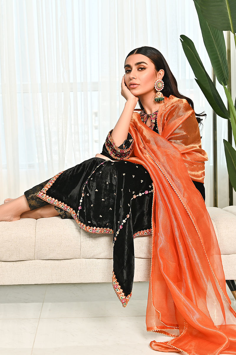 Ansab Jahangir | Bow Velvet Edit | BLACK MIST - Official Ansab Jahangir - Agha Fabrics UK