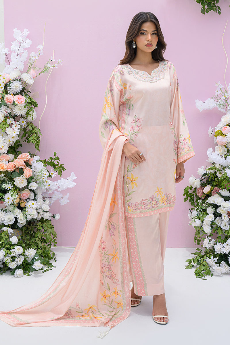 Fatima Khan | Eid Digital Silk Prints | Peach Blossoms
