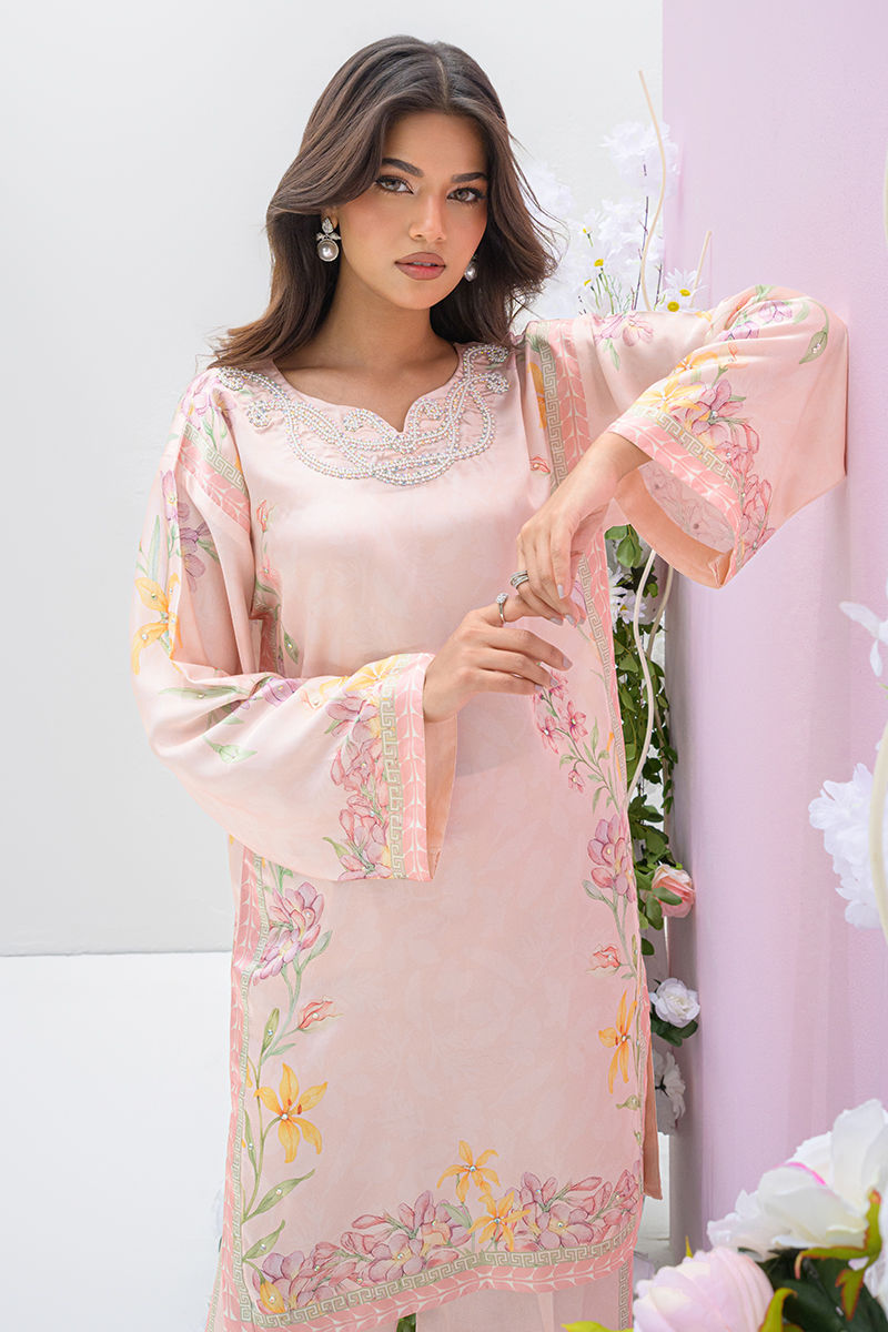 Fatima Khan | Eid Digital Silk Prints | Peach Blossoms