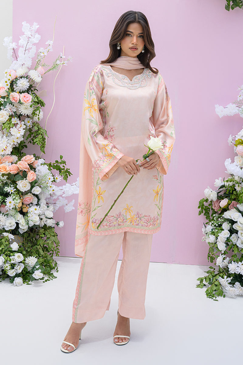 Fatima Khan | Eid Digital Silk Prints | Peach Blossoms