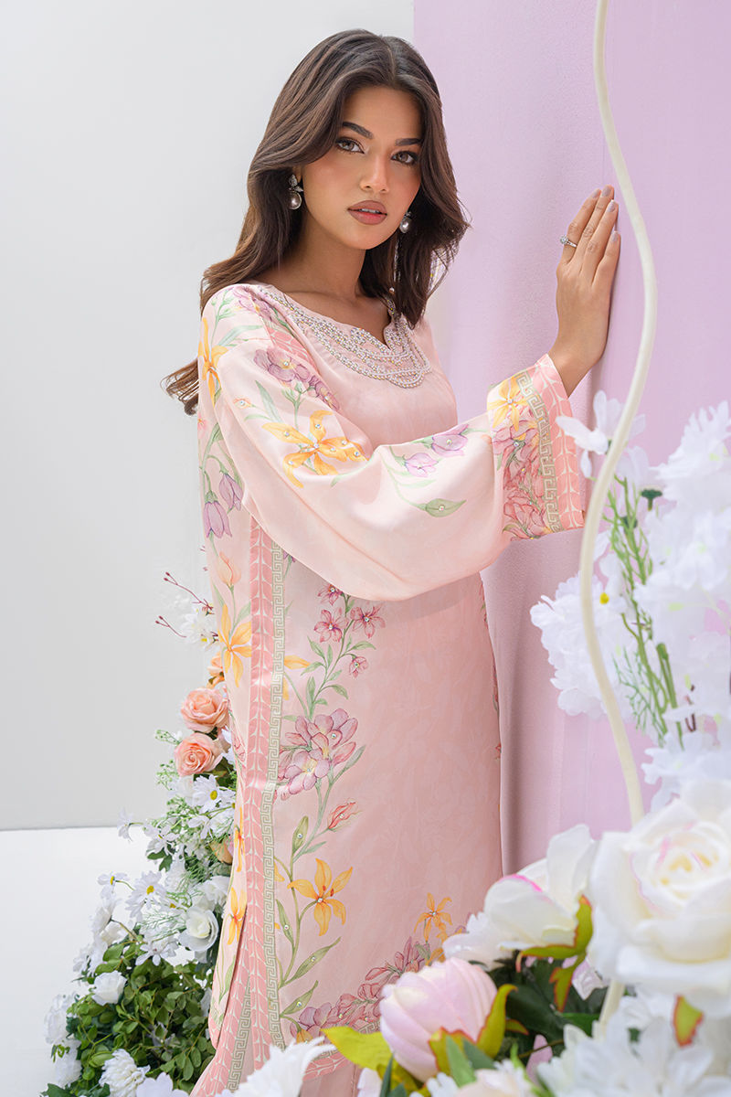 Fatima Khan | Eid Digital Silk Prints | Peach Blossoms