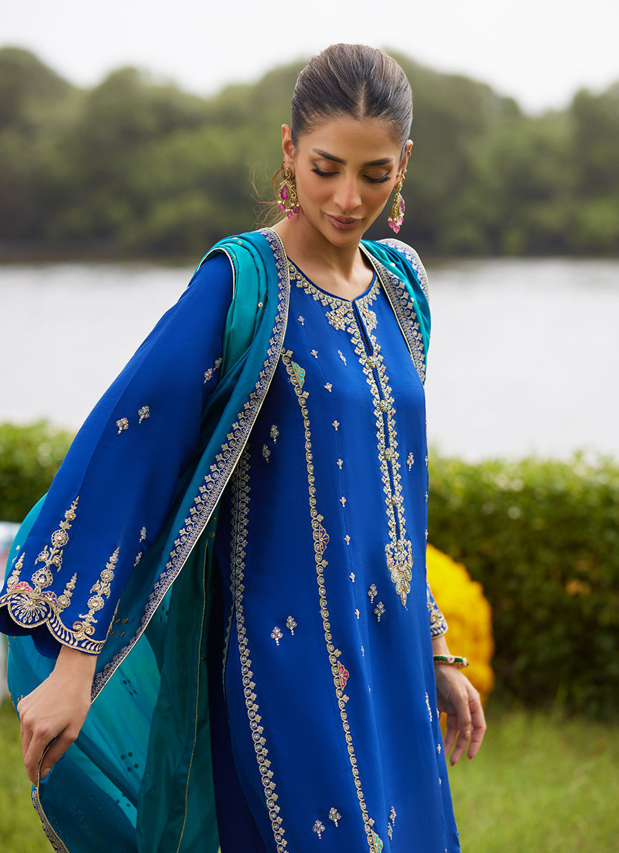 Farah Talib Aziz | Mayna Festive Luxe Pret | Opal Blue Shirt And Dupatta - Official Farah Talib Aziz - Agha Fabrics UK