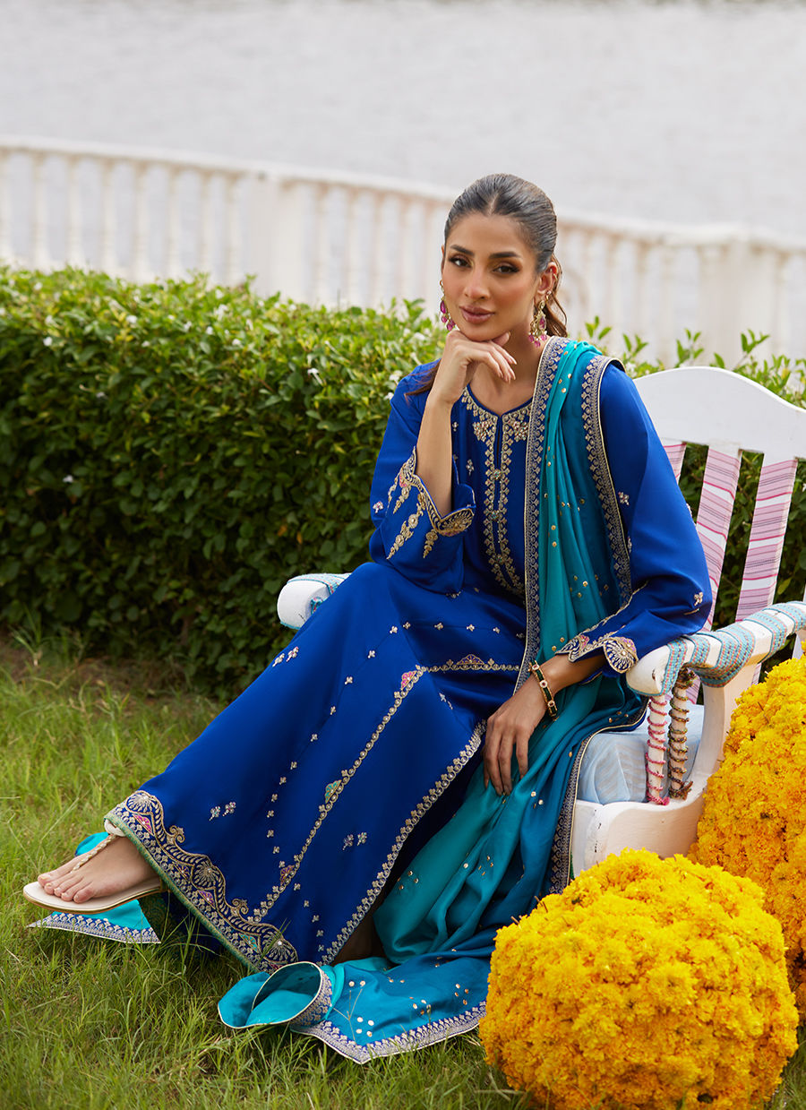 Farah Talib Aziz | Mayna Festive Luxe Pret | Opal Blue Shirt And Dupatta - Official Farah Talib Aziz - Agha Fabrics UK