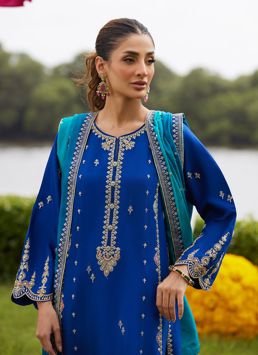 Farah Talib Aziz | Mayna Festive Luxe Pret | Opal Blue Shirt And Dupatta - Official Farah Talib Aziz - Agha Fabrics UK