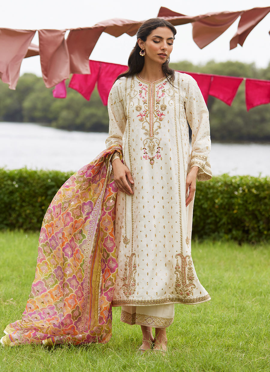 Farah Talib Aziz | Mayna Festive Luxe Pret | Ember Ivory Kurta And Dupatta - Official Farah Talib Aziz - Agha Fabrics UK