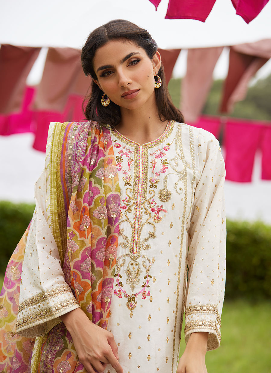 Farah Talib Aziz | Mayna Festive Luxe Pret | Ember Ivory Kurta And Dupatta - Official Farah Talib Aziz - Agha Fabrics UK