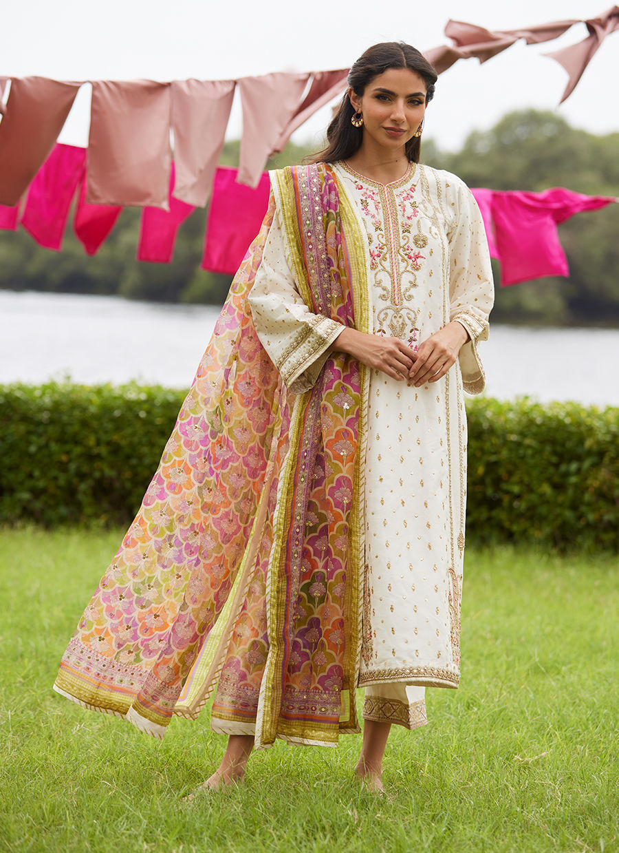 Farah Talib Aziz | Mayna Festive Luxe Pret | Ember Ivory Kurta And Dupatta - Official Farah Talib Aziz - Agha Fabrics UK