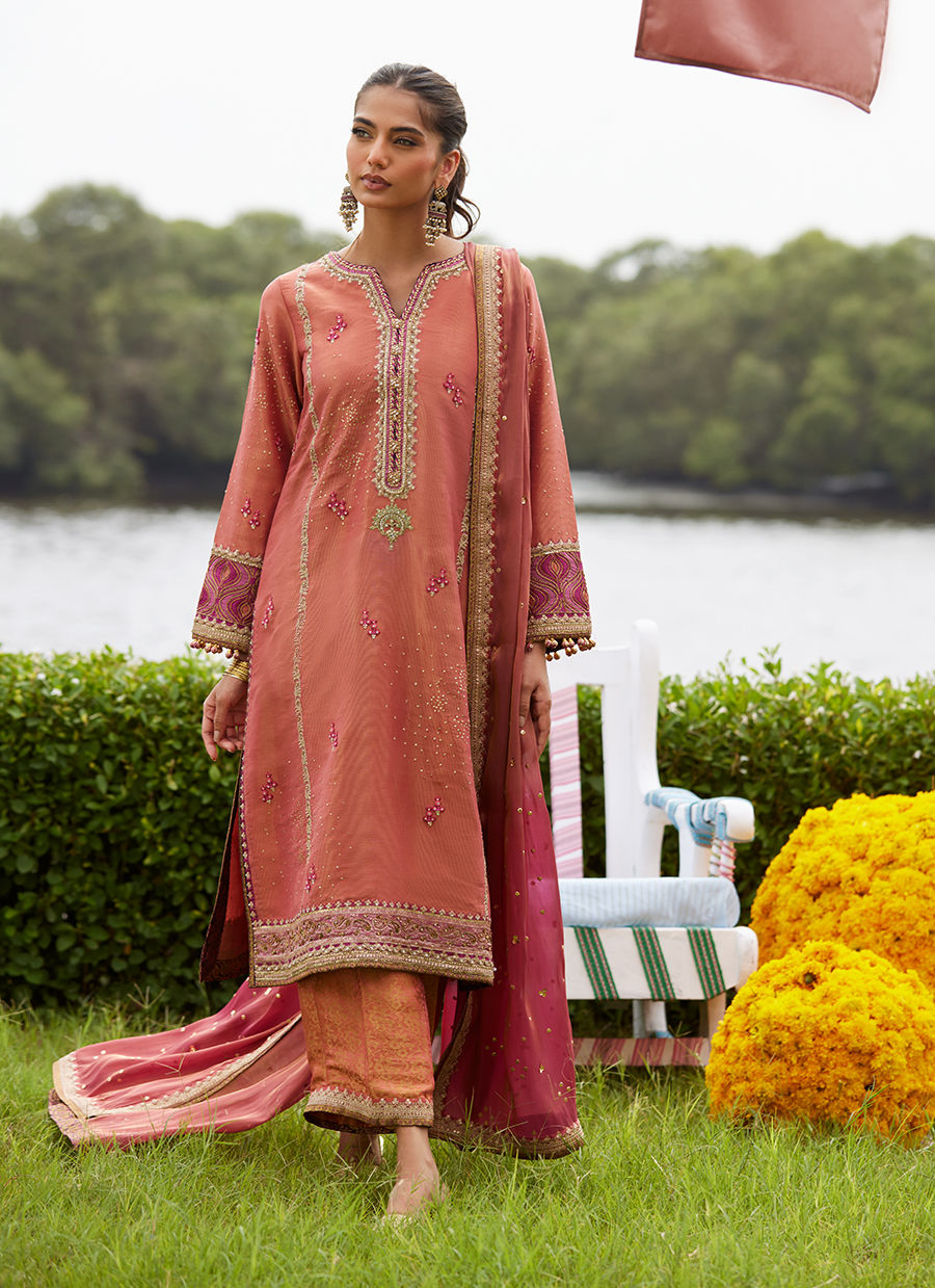 Farah Talib Aziz | Mayna Festive Luxe Pret | Rivaaz Coral Shirt And Dupatta - Official Farah Talib Aziz - Agha Fabrics UK