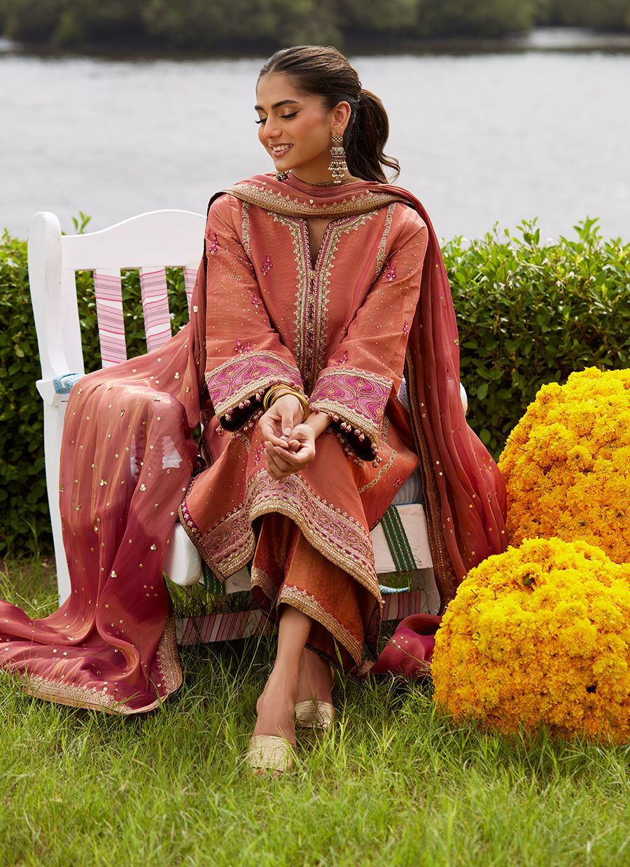 Farah Talib Aziz | Mayna Festive Luxe Pret | Rivaaz Coral Shirt And Dupatta - Official Farah Talib Aziz - Agha Fabrics UK