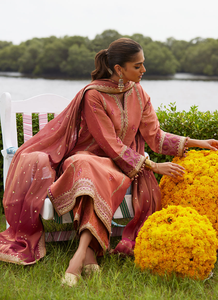 Farah Talib Aziz | Mayna Festive Luxe Pret | Rivaaz Coral Shirt And Dupatta - Official Farah Talib Aziz - Agha Fabrics UK