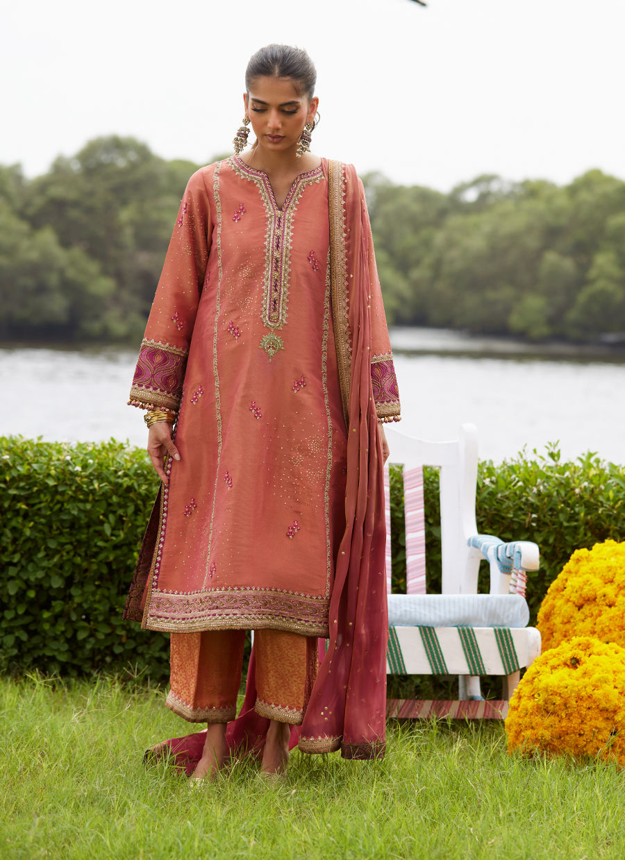 Farah Talib Aziz | Mayna Festive Luxe Pret | Rivaaz Coral Shirt And Dupatta - Official Farah Talib Aziz - Agha Fabrics UK