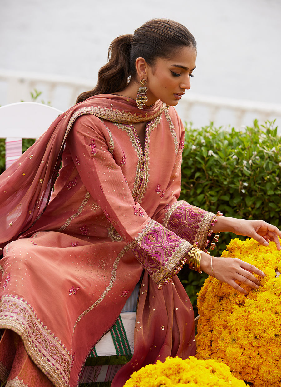 Farah Talib Aziz | Mayna Festive Luxe Pret | Rivaaz Coral Shirt And Dupatta - Official Farah Talib Aziz - Agha Fabrics UK