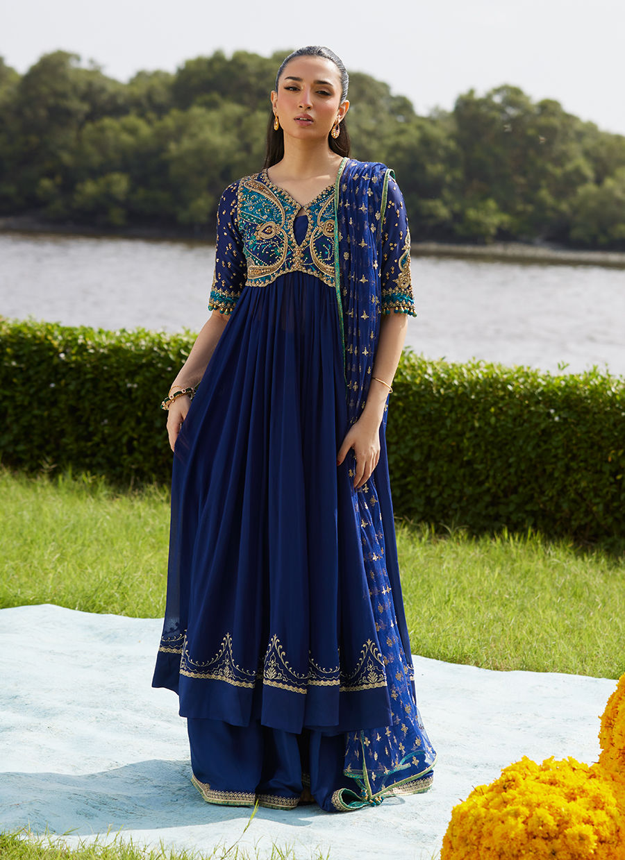 Farah Talib Aziz | Mayna Festive Luxe Pret | Zari Navy Kalidaar And Dupatta - Official Farah Talib Aziz - Agha Fabrics UK