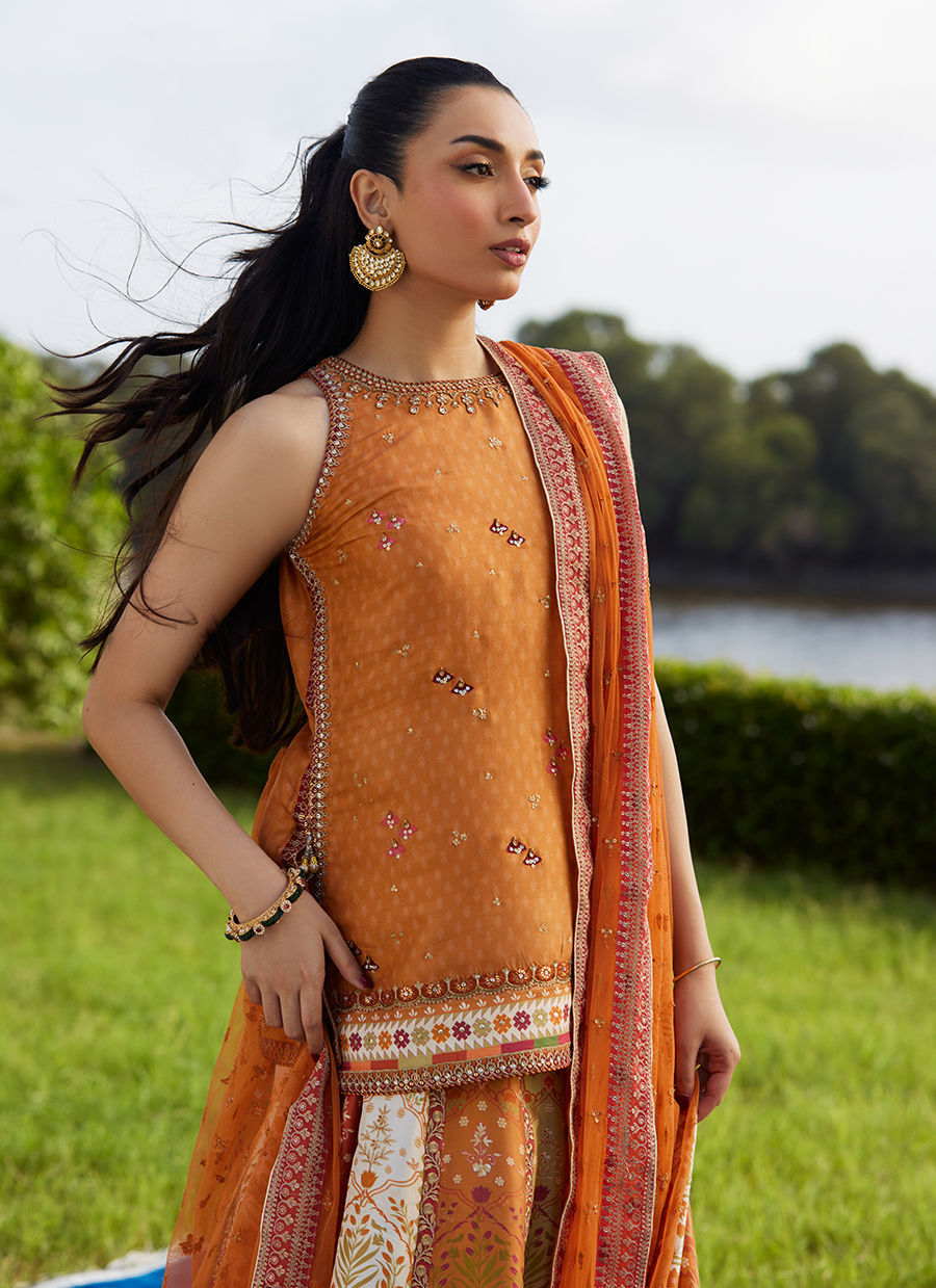 Farah Talib Aziz | Mayna Festive Luxe Pret | Sitar Saffron Shirt And Dupatta - Official Farah Talib Aziz - Agha Fabrics UK