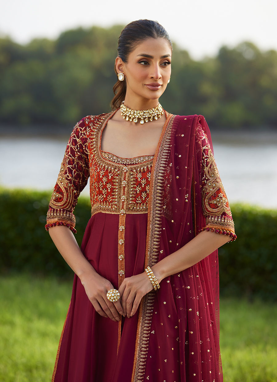 Farah Talib Aziz | Mayna Festive Luxe Pret | Anarq Crimson Kalidaar And Dupatta - Official Farah Talib Aziz - Agha Fabrics UK