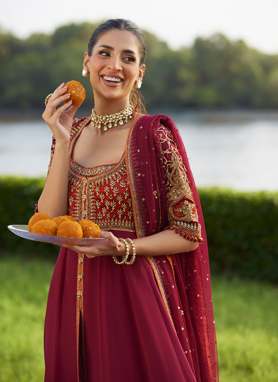 Farah Talib Aziz | Mayna Festive Luxe Pret | Anarq Crimson Kalidaar And Dupatta - Official Farah Talib Aziz - Agha Fabrics UK