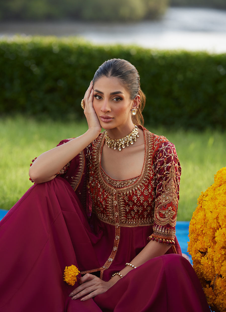 Farah Talib Aziz | Mayna Festive Luxe Pret | Anarq Crimson Kalidaar And Dupatta - Official Farah Talib Aziz - Agha Fabrics UK