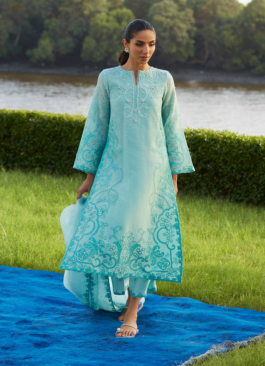 Farah Talib Aziz | Mayna Festive Luxe Pret | Wari Aqua Kurta And Dupatta - Official Farah Talib Aziz - Agha Fabrics UK