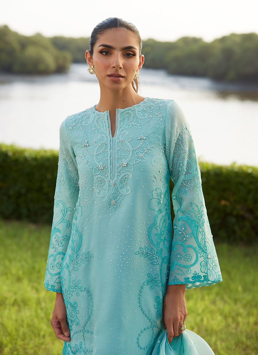 Farah Talib Aziz | Mayna Festive Luxe Pret | Wari Aqua Kurta And Dupatta - Official Farah Talib Aziz - Agha Fabrics UK