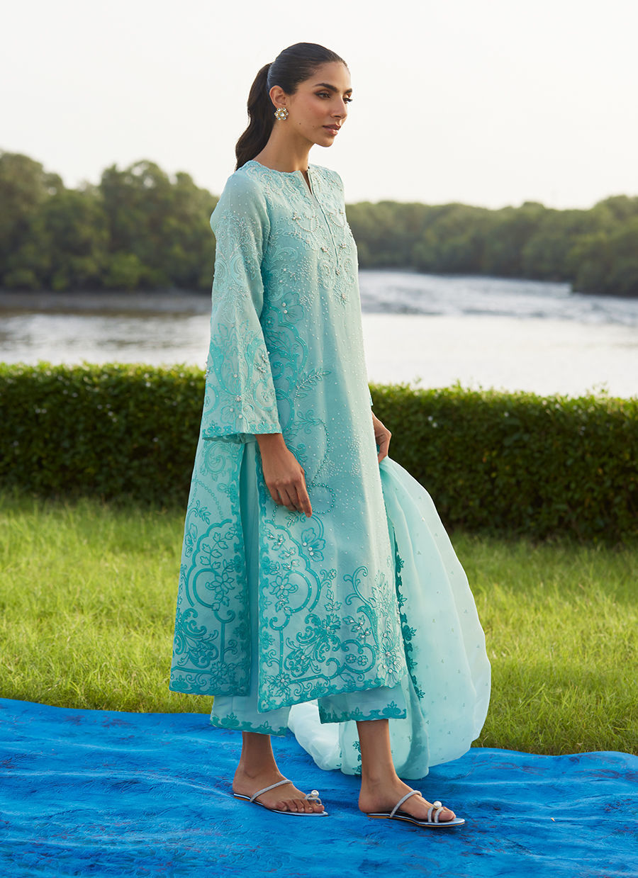 Farah Talib Aziz | Mayna Festive Luxe Pret | Wari Aqua Kurta And Dupatta - Official Farah Talib Aziz - Agha Fabrics UK