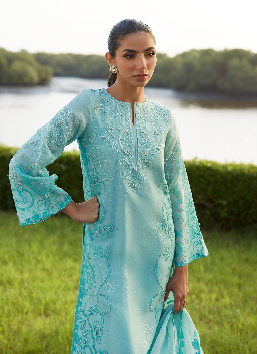 Farah Talib Aziz | Mayna Festive Luxe Pret | Wari Aqua Kurta And Dupatta - Official Farah Talib Aziz - Agha Fabrics UK